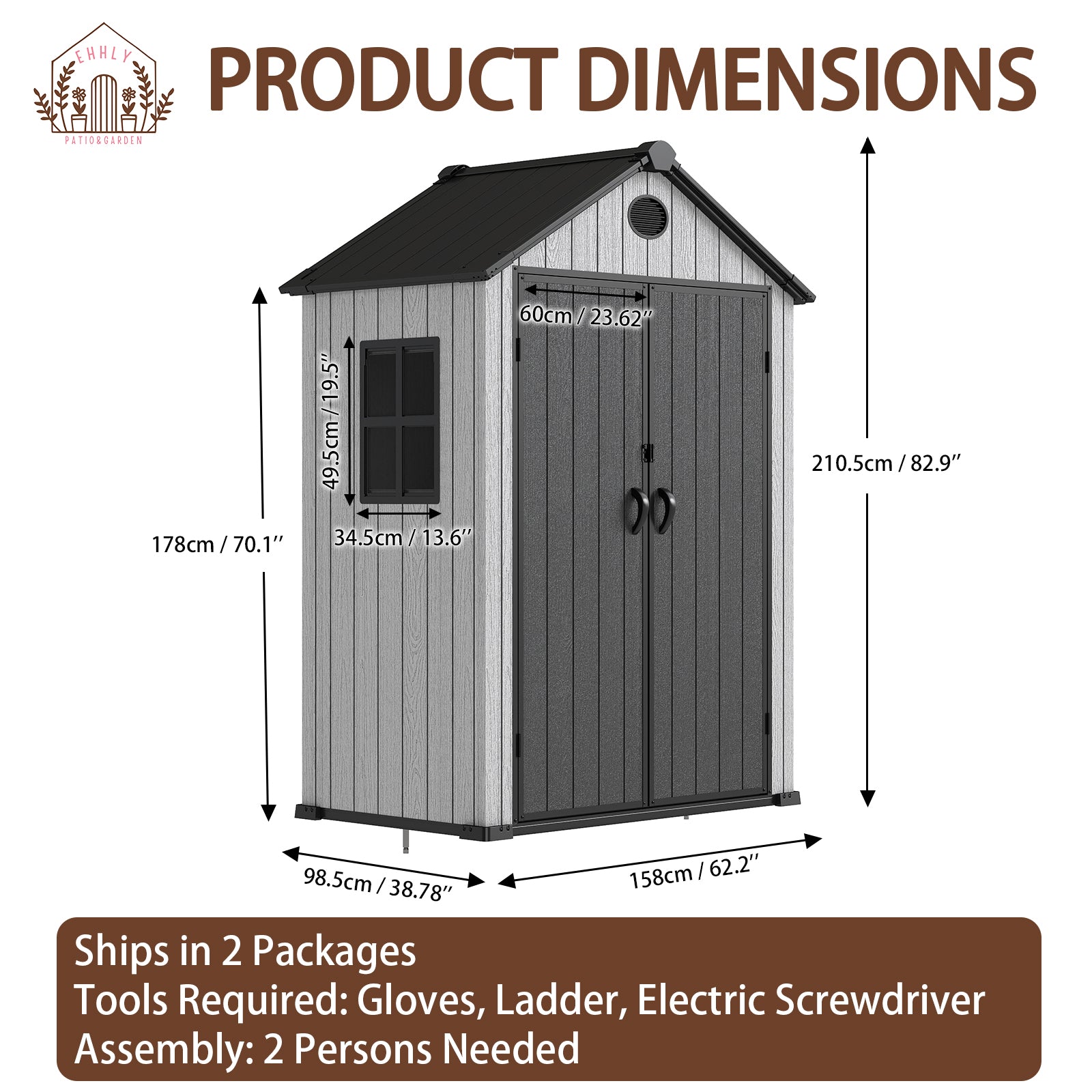 EHHLY 5.3x3.4 FT Resin Outdoor Storage Shed, 135 Cuft Garden Tool Sheds & Outdoor Storage Plastic Shed with Floor, 7FT Tall Outside Lawn Mower Storage Shed with Side Window, Cemented Grey Black