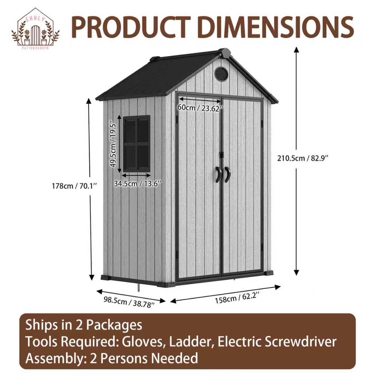 EHHLY 5.3x3.4 FT Resin Outdoor Storage Shed, 135 Cuft Garden Tool Sheds & Outdoor Storage Plastic Shed with Floor, 7FT Tall Backyard Outside Lawn Mower Storage Shed with Side Window, Cemented Grey