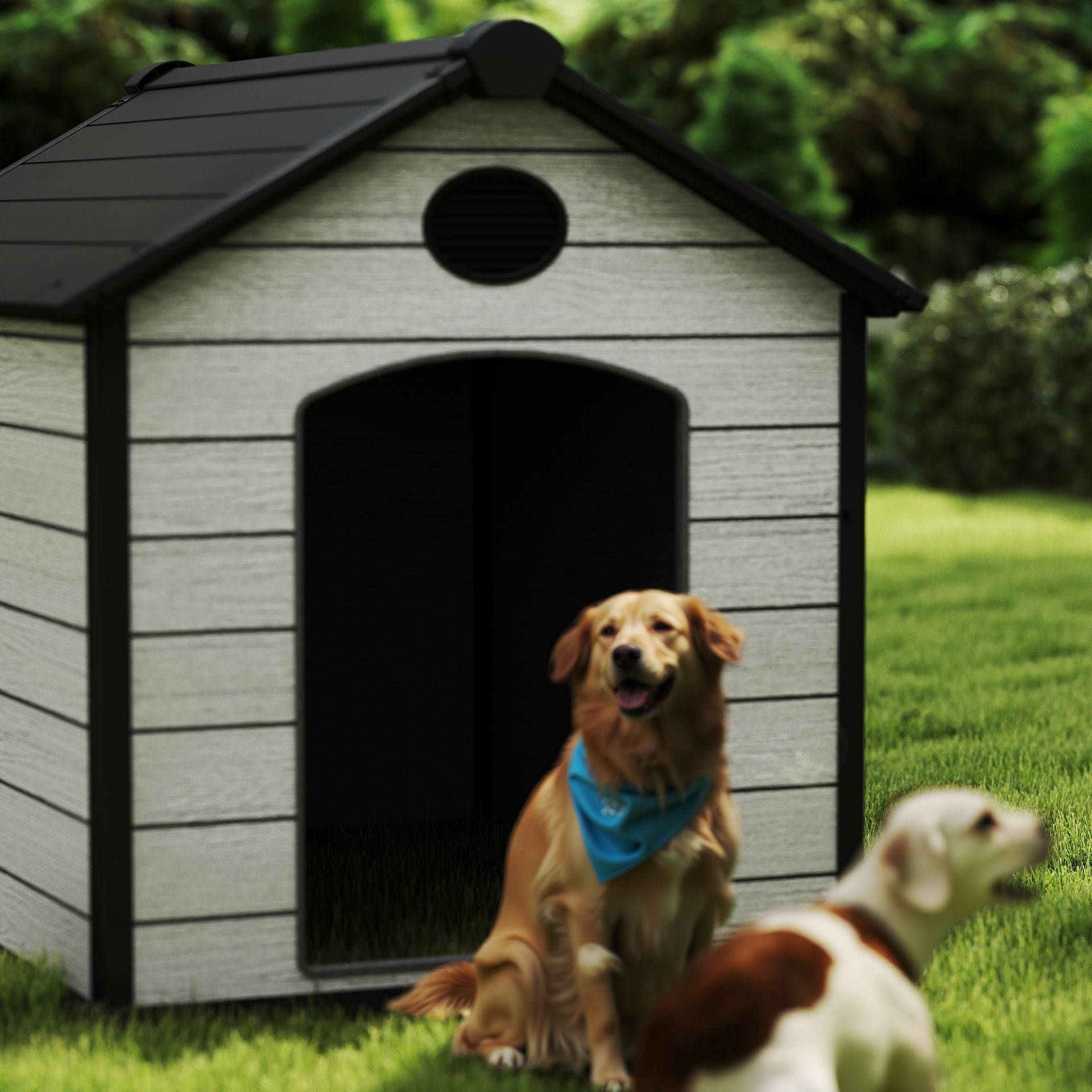 EHHLY 57" Extra Large Dog House Outdoor Weatherproof, 5XL Big Dog House for 2 Large Dogs Outside, Insulated Igloo Pet House with Elevated Floor, Extra Durable Resin Plastic, 57Lx47Wx50H,Cemented Grey