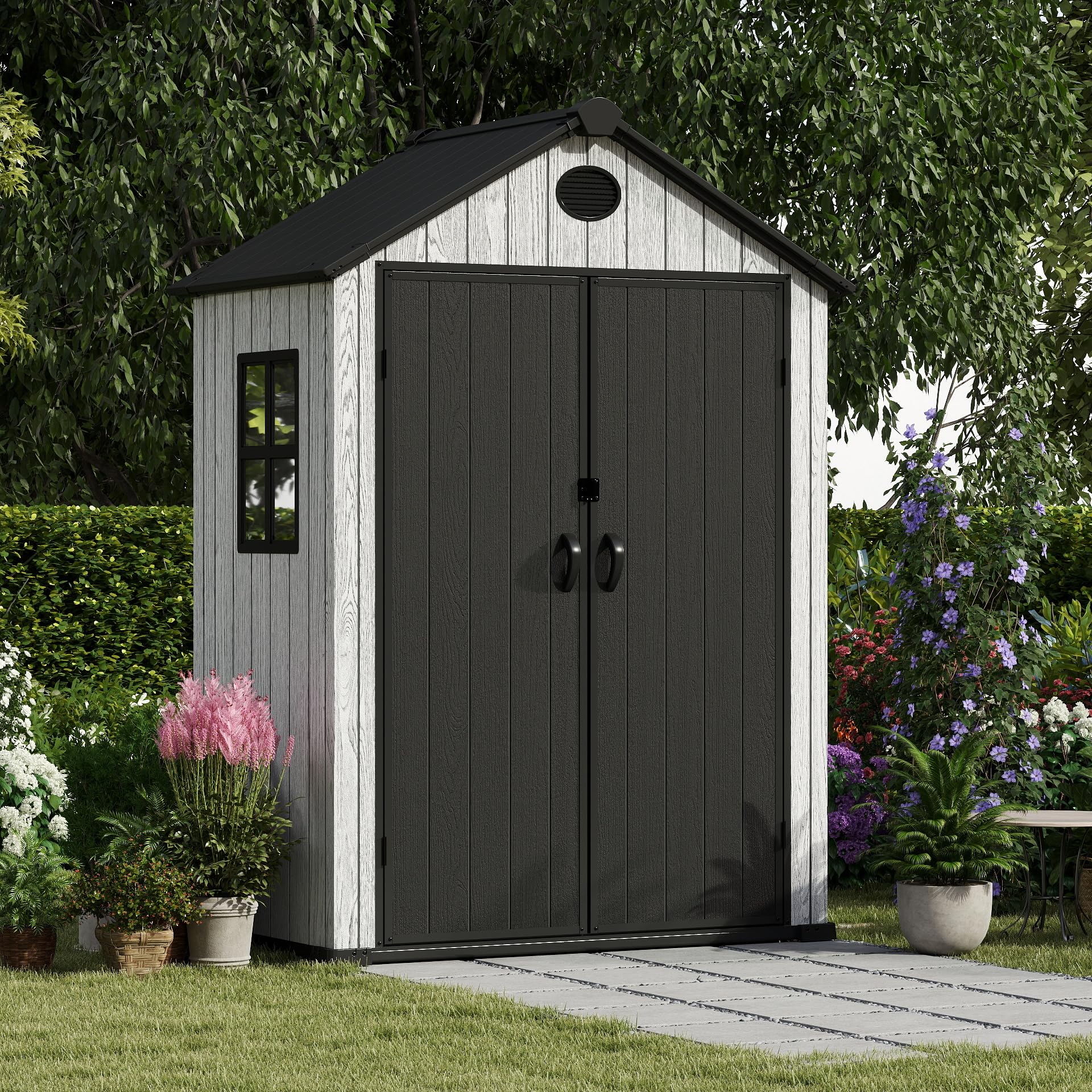 EHHLY 5.3x3.4 FT Resin Outdoor Storage Shed, 135 Cuft Garden Tool Sheds & Outdoor Storage Plastic Shed with Floor, 7FT Tall Outside Lawn Mower Storage Shed with Side Window, Cemented Grey Black