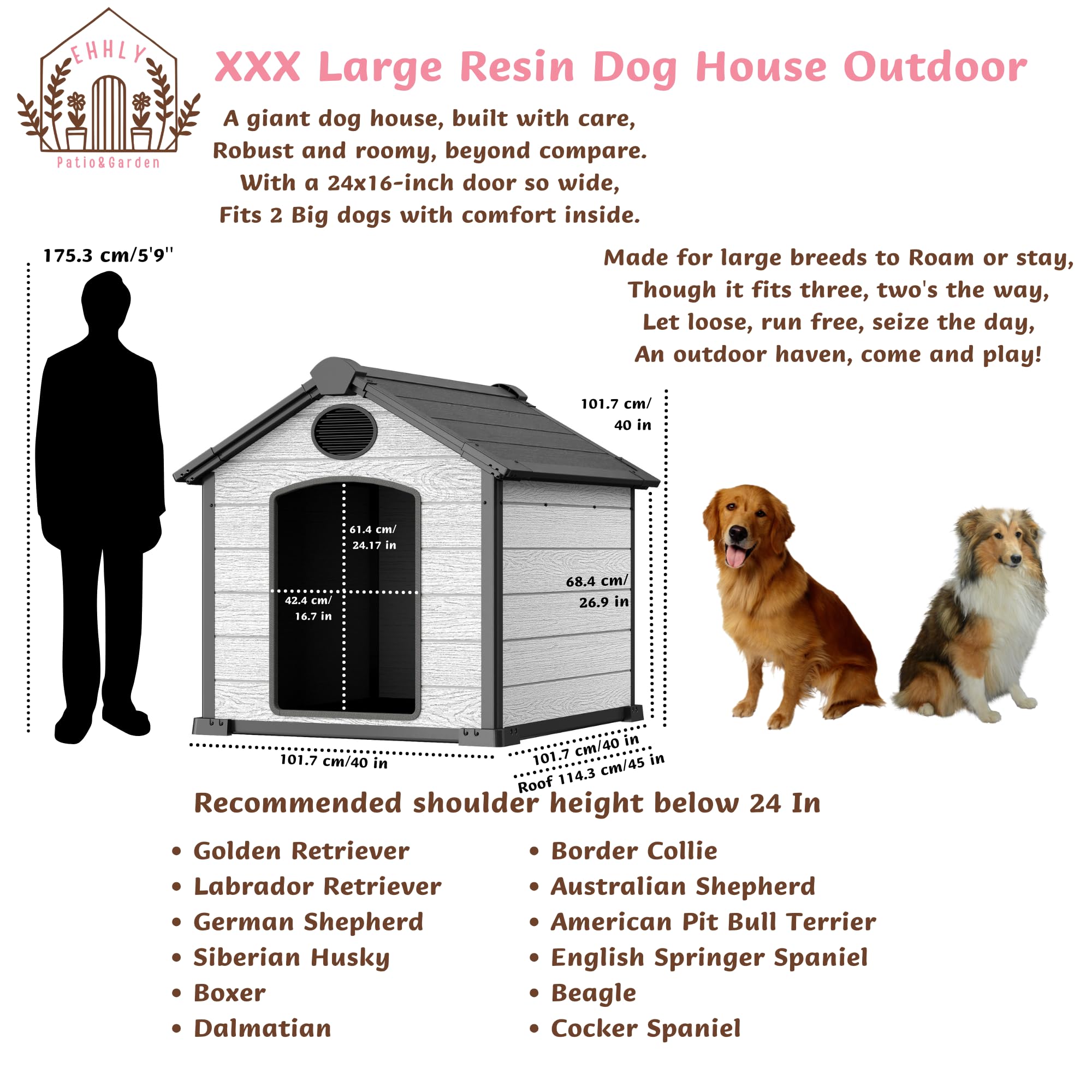 EHHLY 46" Large Dog House Outdoor Weatherproof, Insulated Igloo Dog House with Elevated Floor, 3XL Big Dog House for 2 Large Dogs Outside, Extra Durable Resin Plastic, 46"Lx40"Wx40"H, Cemented Grey