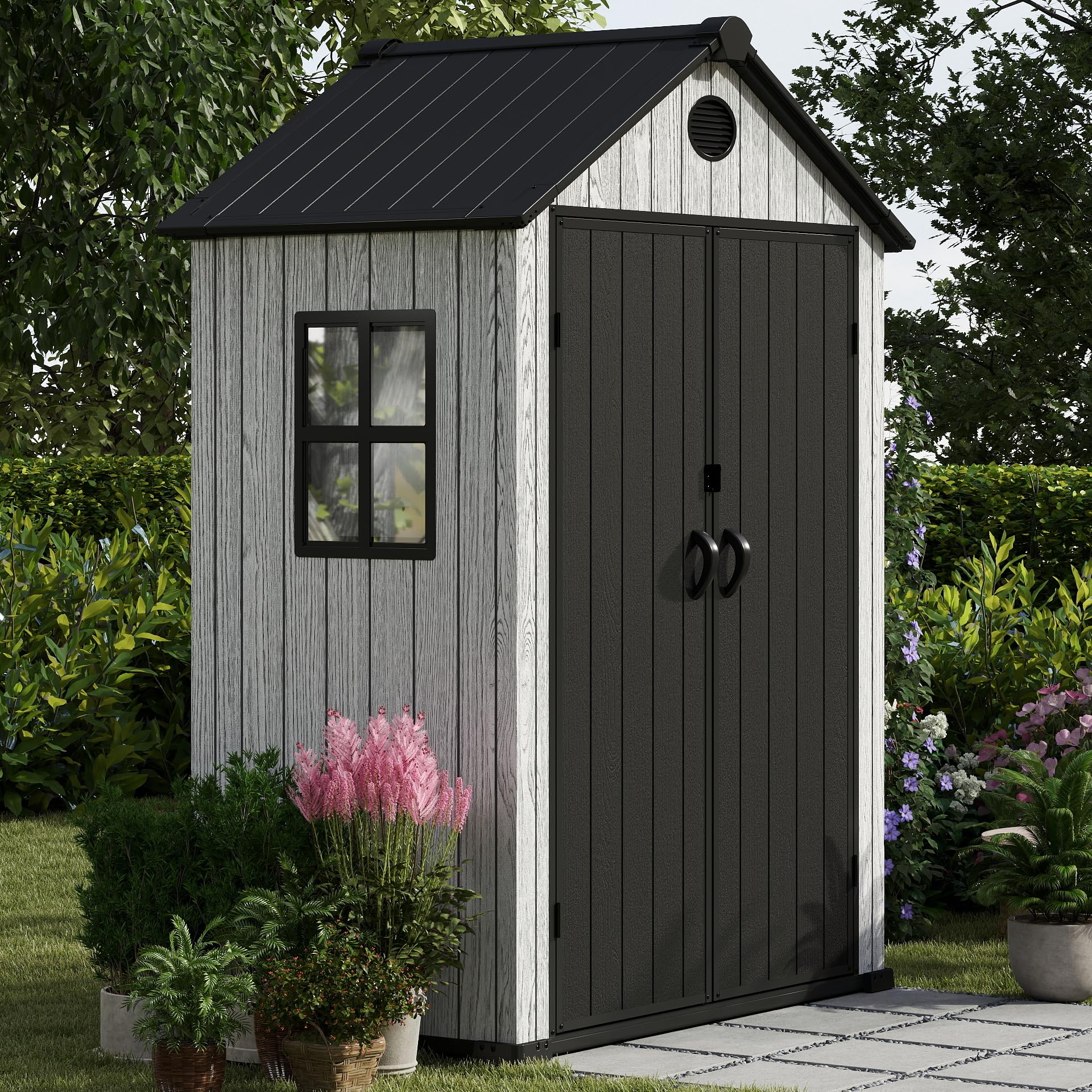 EHHLY 5.3x3.4 FT Resin Outdoor Storage Shed, 135 Cuft Garden Tool Sheds & Outdoor Storage Plastic Shed with Floor, 7FT Tall Outside Lawn Mower Storage Shed with Side Window, Cemented Grey Black