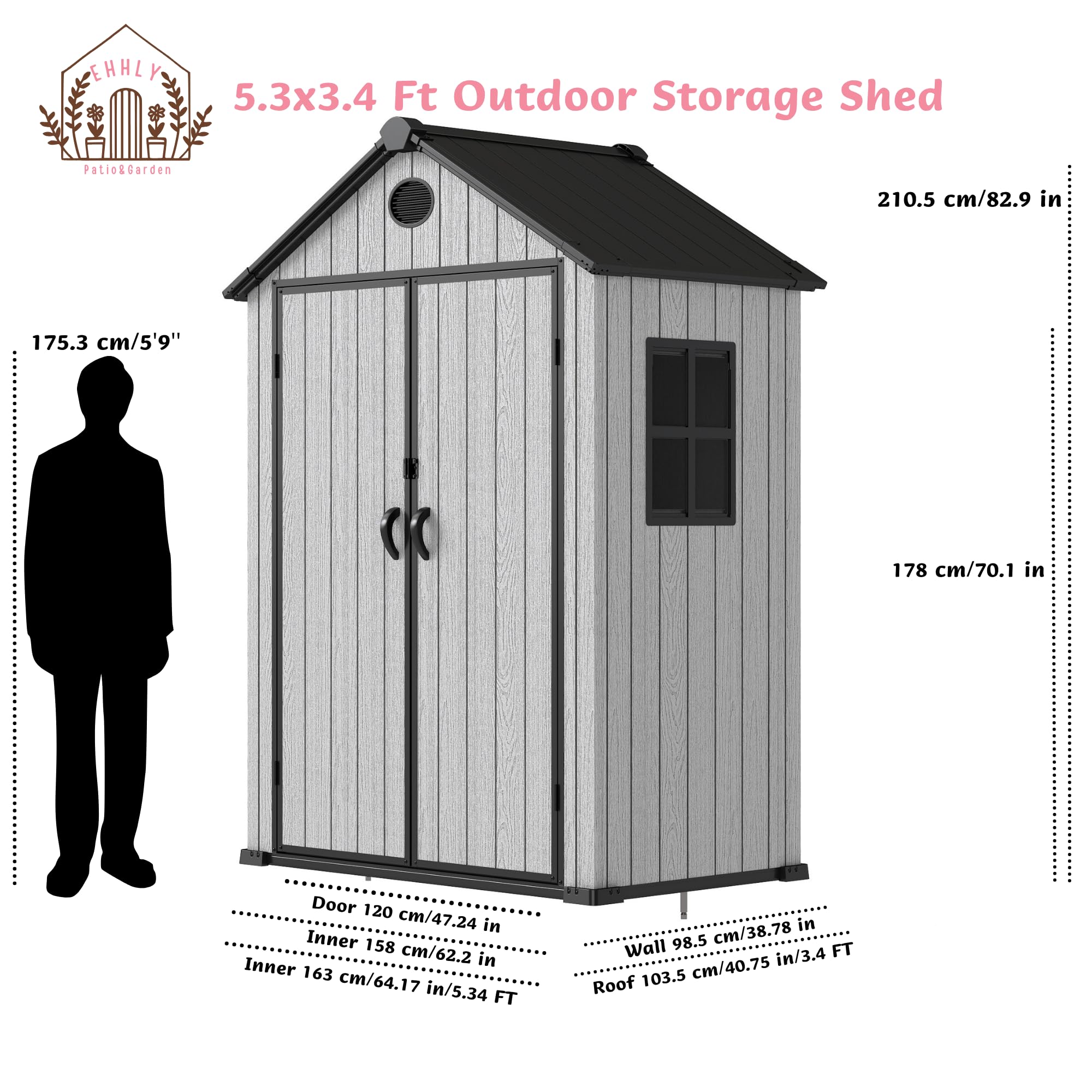 EHHLY 5.3x3.4 FT Resin Outdoor Storage Shed, 135 Cuft Garden Tool Sheds & Outdoor Storage Plastic Shed with Floor, 7FT Tall Backyard Outside Lawn Mower Storage Shed with Side Window, Cemented Grey